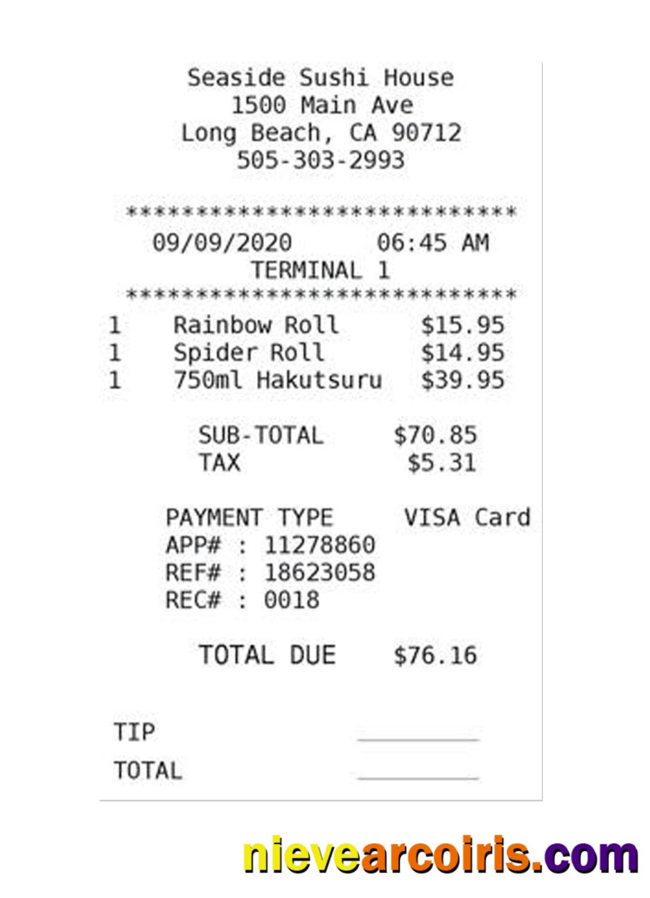 SEASIDE SUSHI HOUSE payment receipt